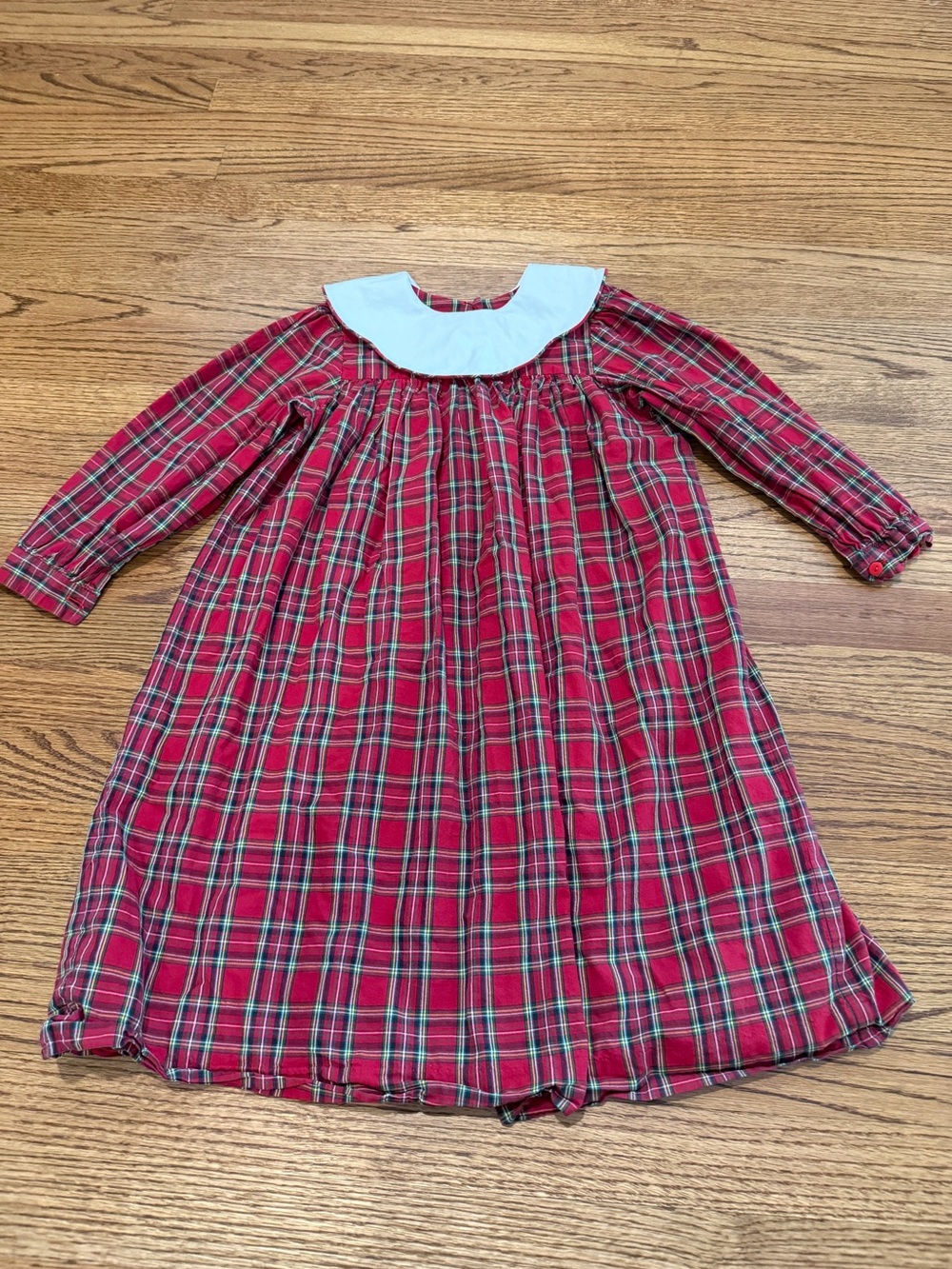 Red Plaid Long-Sleeve Kids Nightgown with White Collar